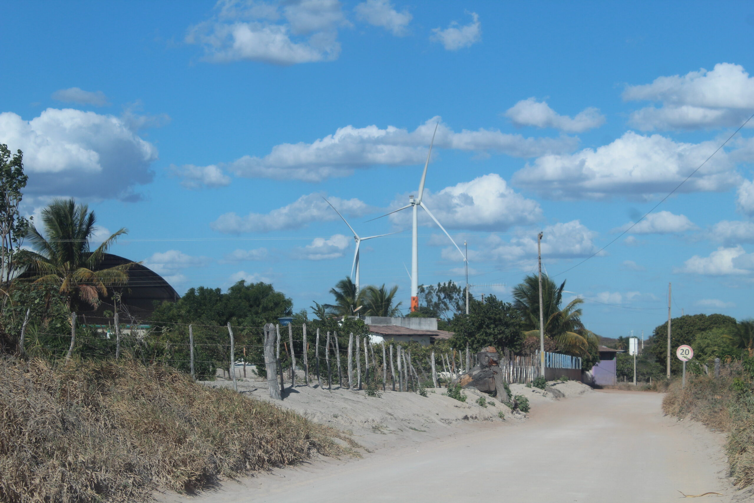 Fotografia de imagem rural com usina eólica instalada próxima.