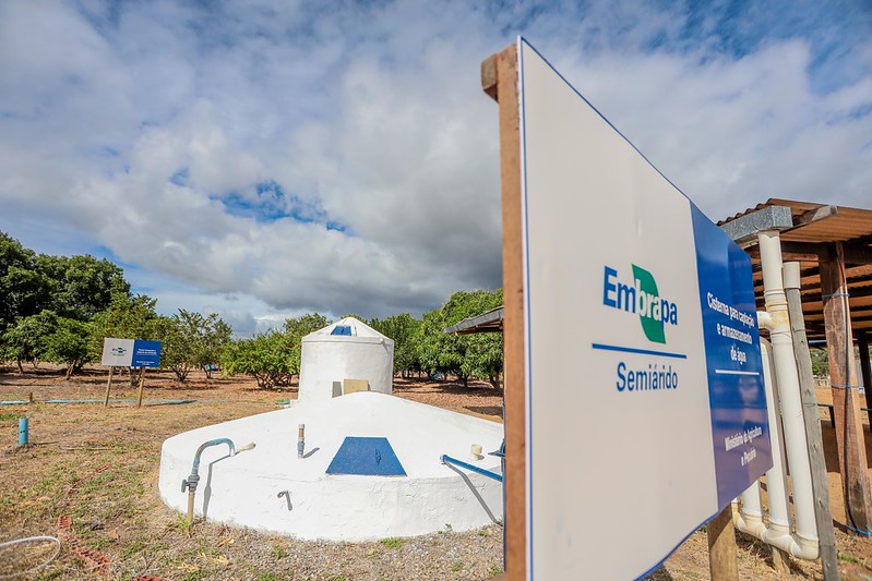 A imagem mostra uma cisterna de placa para captação de água da chuva localizada numa área do semiárido. Ao fundo árvores e na frente da cisterna uma placa branca e azul com o logo tipo da Embrapa