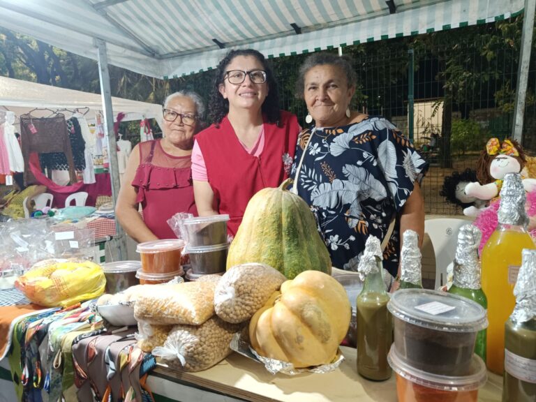 Na foto, três agricultoras estão lado a lado em uma barraca de feira com seus produtos.