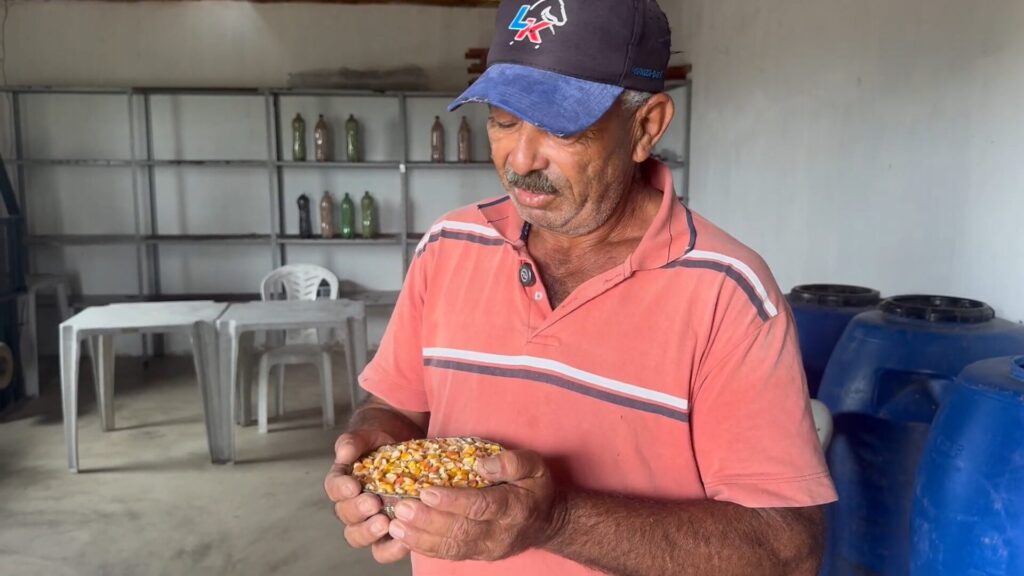 A foto mostra o agricultor Zé do Junco segurando um pote de sementes de milho. Zé veste uma camisa rosa com listras e um boné azul. Está dentro da casa de sementes e ao fundo pode-se ver uma prateleira com algumas sementes estocadas em garrafas.