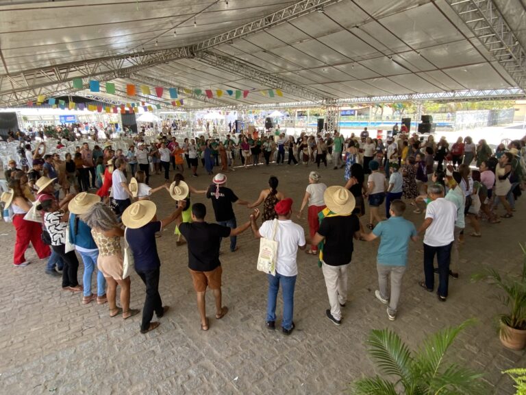 Foto da plenária final do Encontro de agricultores experimentadores. as pessoas participantes estão de mãos dadas em roda dançando uma ciranda.