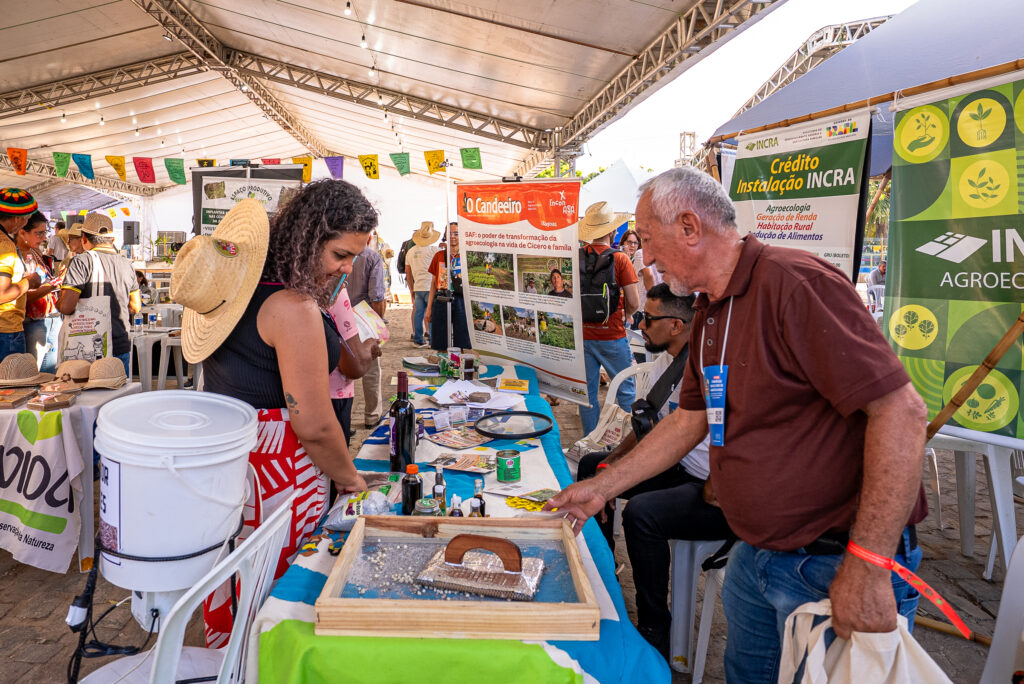 Seu Florisval está apresentando a inovação dele para descascar sementes de moringa. a inovação é uma peneira que, ao esfregar as sementes, elas caem descascadas.