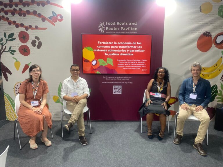 Debate contou com a presença de representantes da Cáritas França, Cáritas Colômbia, ASA e AS-PTA | Foto: Cáritas Francesa