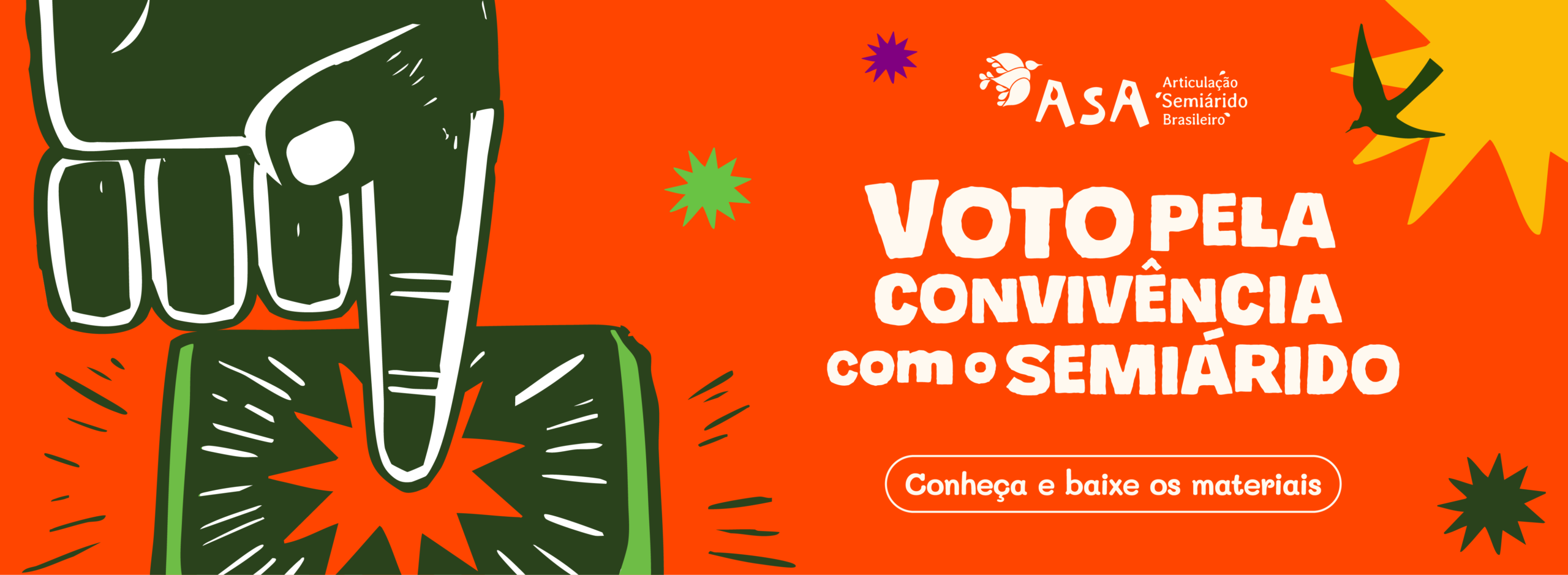Banner ASA sobre fundo laranja com ilustração de mão depositando voto em urna, ao lado do texto "Voto pela convivência com o Semiárido" e botão "Conheça e baixe os materiais", com logo da ASA.